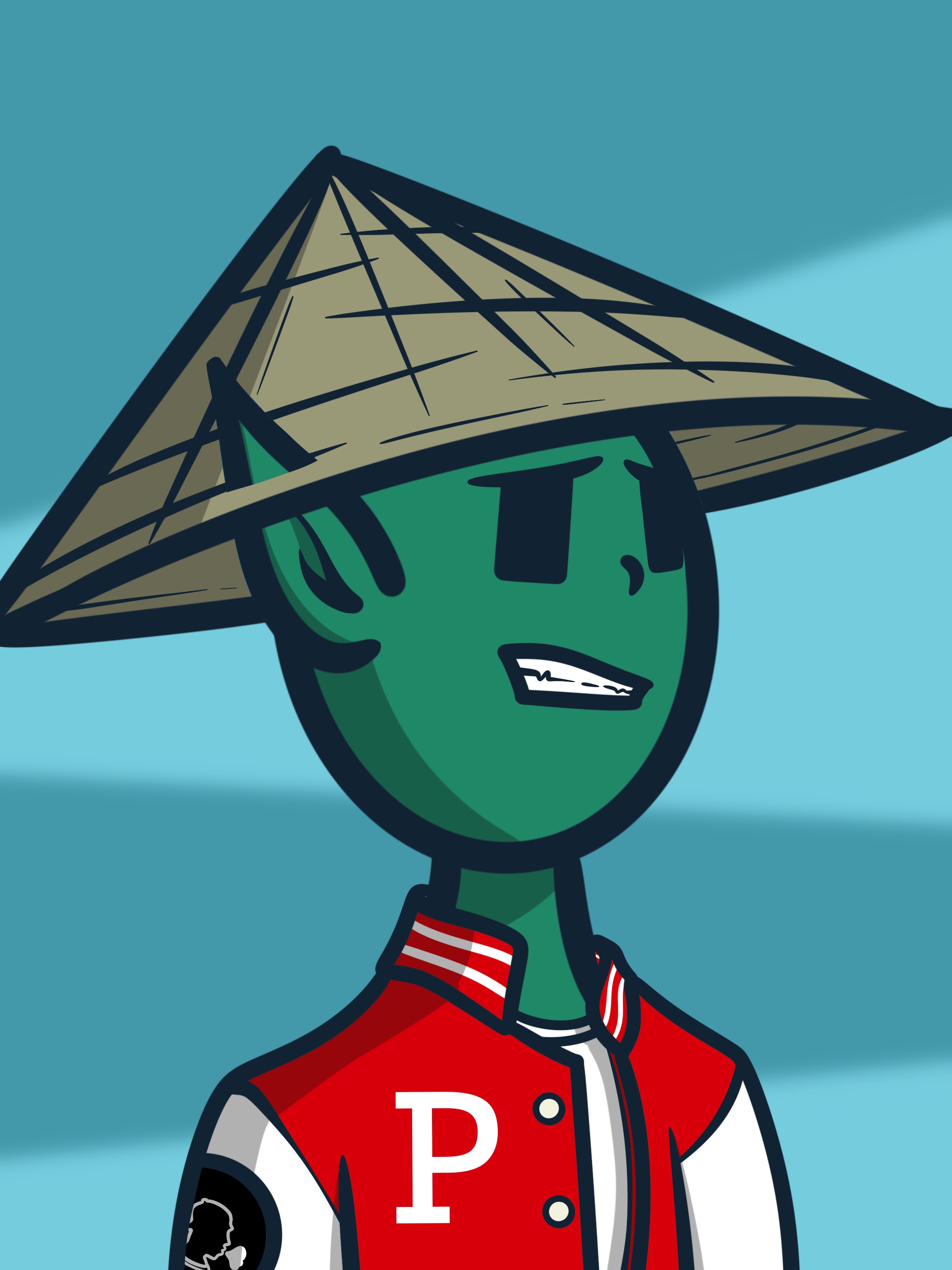 Green miner wearing a straw hat and red varsity jacket