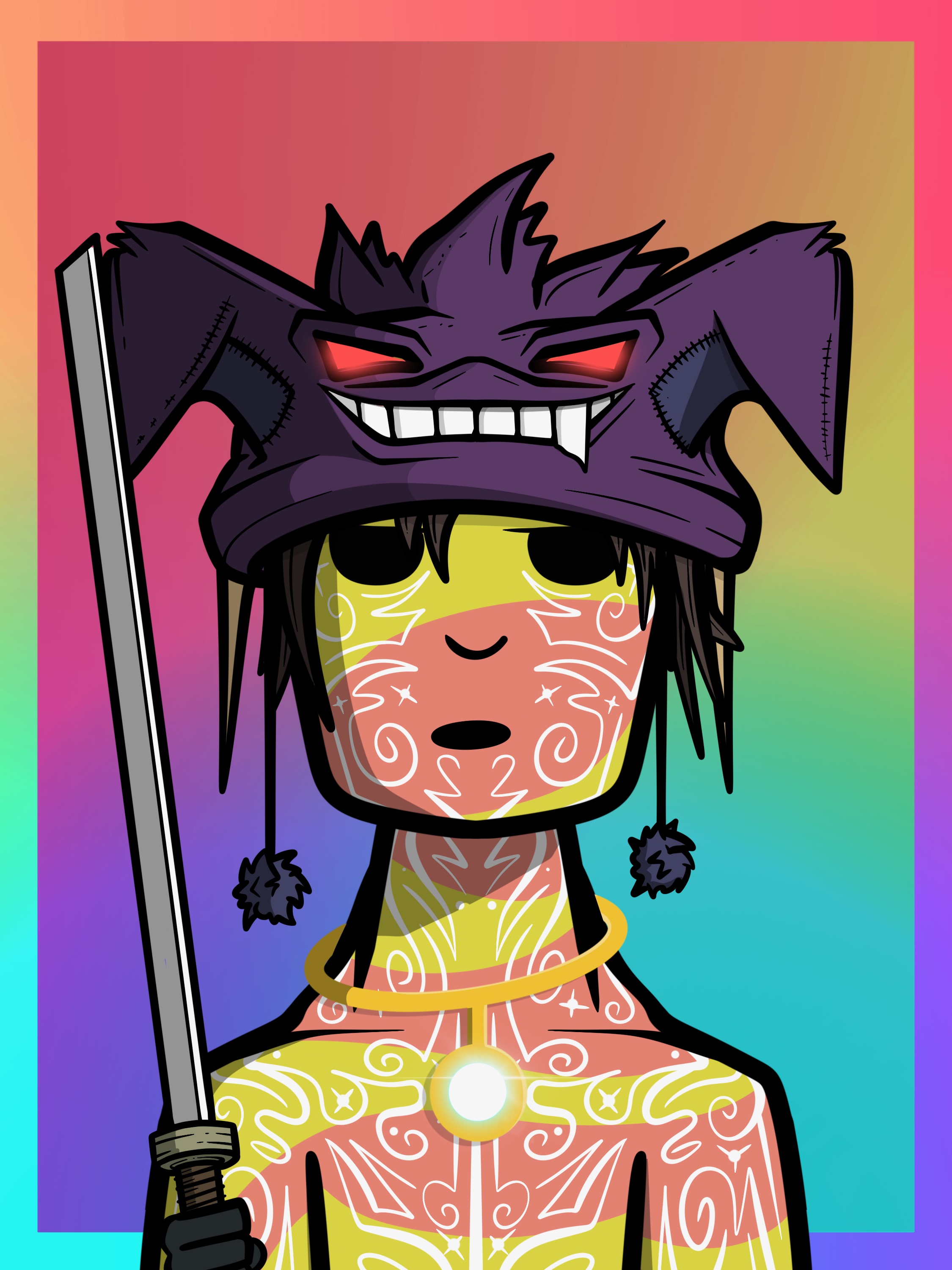 Colourful sword wielding miner in a purple monster hat